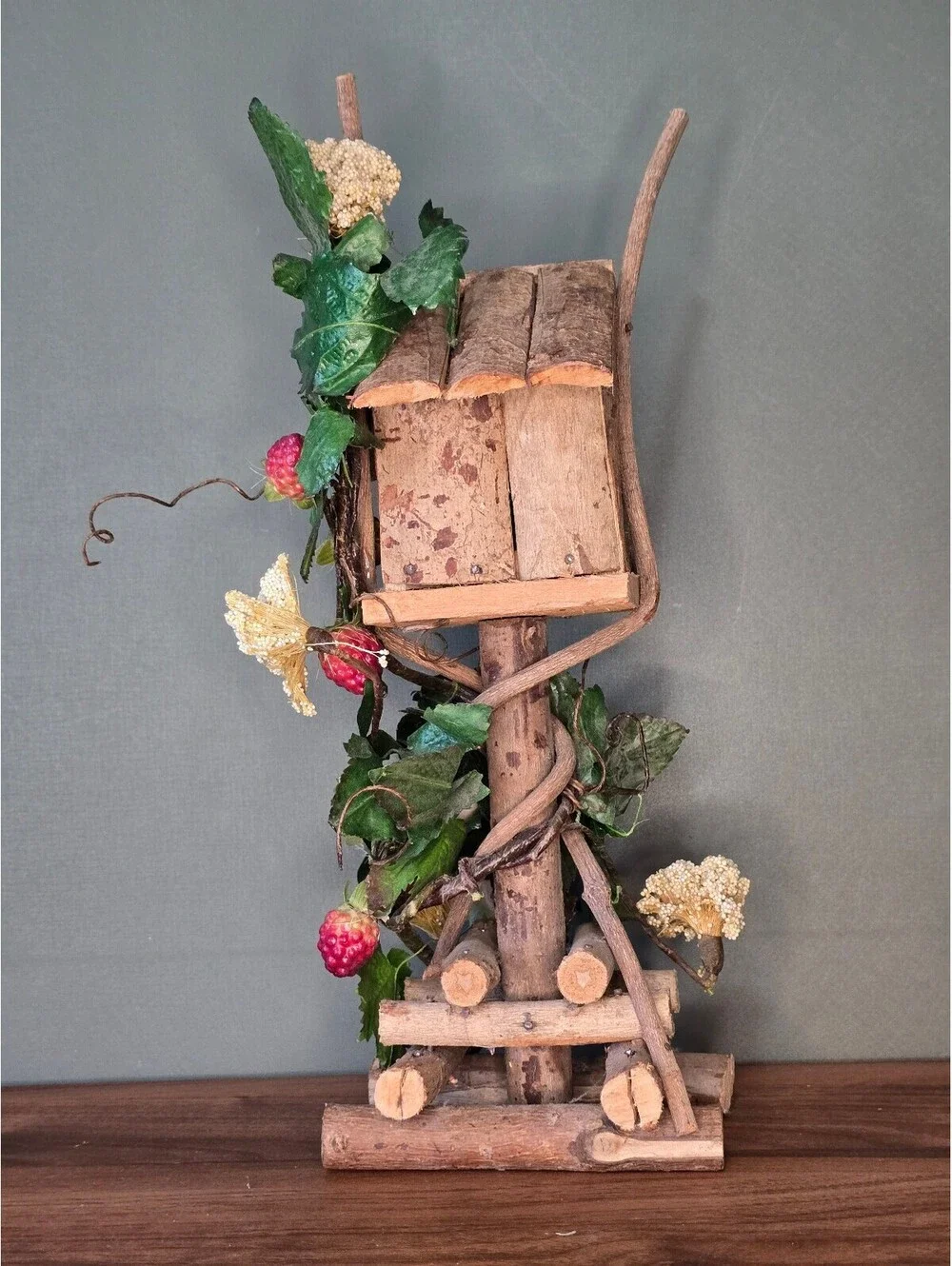 Rustic Wooden Birdhouse Table Decor with Faux Berries and Red Bird